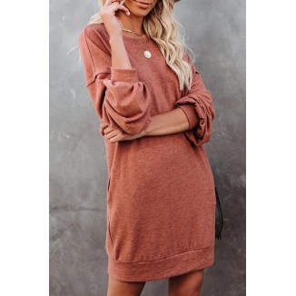 Casual Solid Patchwork Pocket O Neck Long Sleeve Dresses(4 Colors)