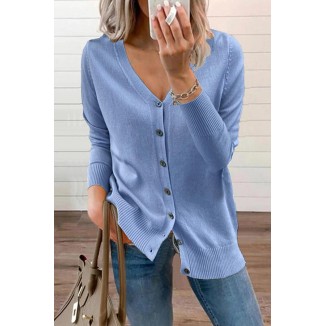 Casual Solid Buckle V Neck Tops Sweater(12 Colors)