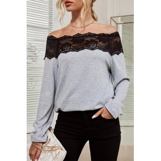 Casual Patchwork Lace  Contrast Off the Shoulder Tops