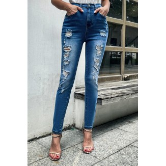 Casual Solid Ripped Skinny Denim Jeans