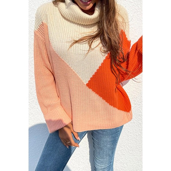 Casual Color Lump  Contrast Turndown Collar Tops Sweater