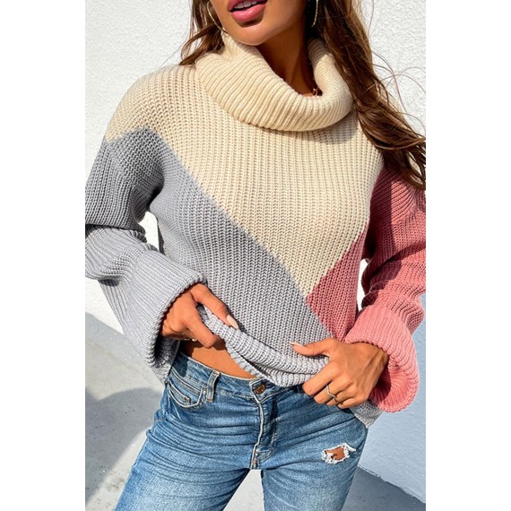 Casual Color Lump  Contrast Turndown Collar Tops Sweater