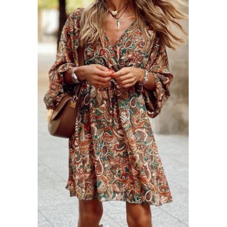 Casual Print Split Joint V Neck Waist Skirt Dresses