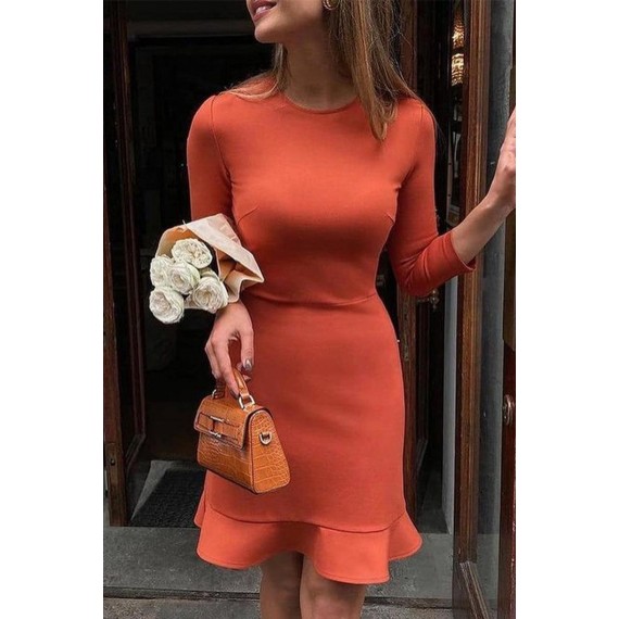 Casual Elegant Solid Split Joint Flounce O Neck Pencil Skirt Dresses