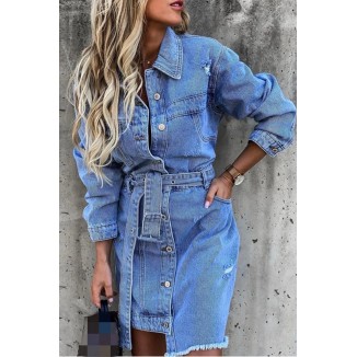 Casual Solid Patchwork Turndown Collar Shirt Dress Dresses