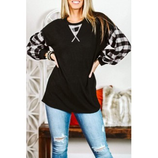 Casual Plaid Split Joint O Neck Tops