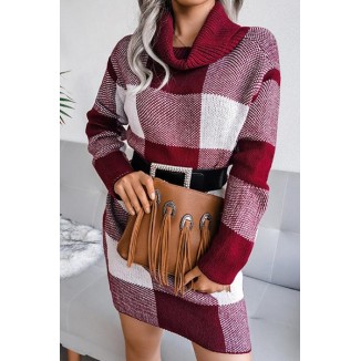 Casual Plaid Split Joint  Contrast Turtleneck Pencil Skirt Dresses Sweater (Without Belt)