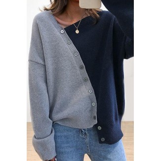 Casual Patchwork Buckle Contrast Oblique Collar Tops Sweater