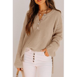 Casual Solid Buckle V Neck Sweaters(4 Colors)