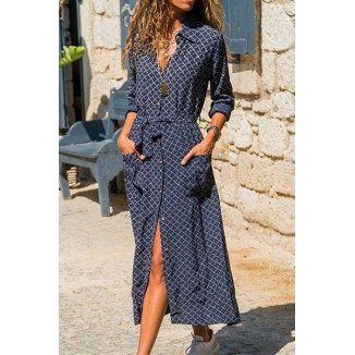 Casual Print Pocket Buckle Turndown Collar Shirt Dress Dresses(5 Colors)