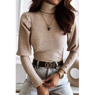 Casual Solid Buckle Fold Turtleneck Tops(3 Colors)