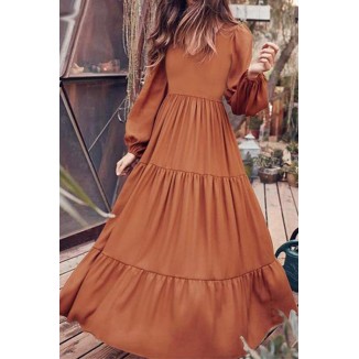 Casual Solid Flounce U Neck Cake Skirt Dresses(3 Colors)