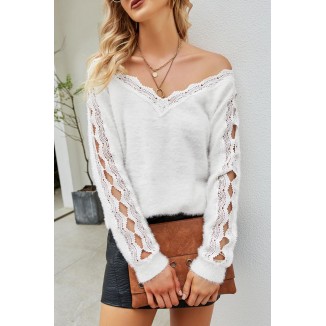 Casual Elegant Solid Lace Hollowed Out V Neck Tops Sweater