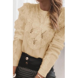 Casual Patchwork Lace Hollowed Out O Neck Tops Sweater