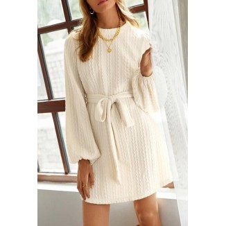 Casual Elegant Solid Split Joint With Belt O Neck A Line Dresses