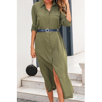 Casual Solid Buckle Slit With Belt Turndown Collar Shirt Dress Dresses