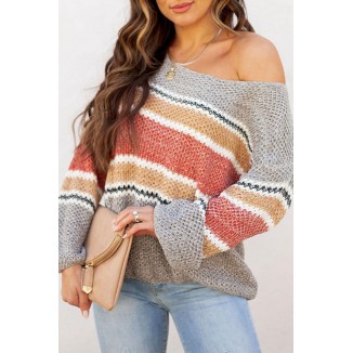 Casual Patchwork Hollowed Out  Contrast O Neck Tops Sweater