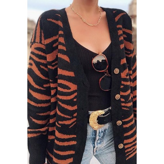 Casual Animal Print Split Joint Buckle V Neck Tops Sweater