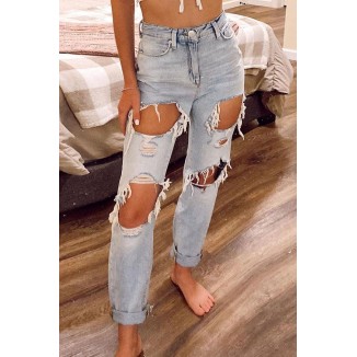 Fashion British Style Solid Ripped Mid Waist Straight Denim