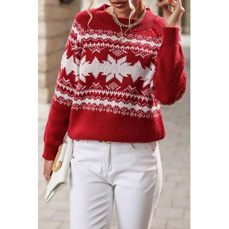 Casual Snowflakes Contrast O Neck Tops Sweater