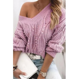 Casual Patchwork Beading V Neck Sweater(3 Colors)