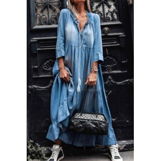 Casual Solid Draw String Flounce Stringy Selvedge Collar Dresses