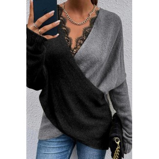 Casual Patchwork Lace Contrast V Neck Tops(3 Colors)