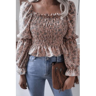 Casual Print Flounce Fold Square Collar Tops