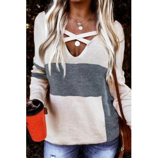 Casual Patchwork Hollowed Out Contrast V Neck Tops Sweater