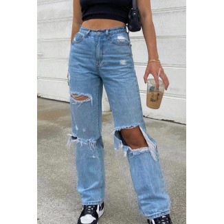 Fashion  Solid Ripped Mid Waist Straight Denim