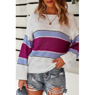 Casual Patchwork  Contrast O Neck Tops Sweater