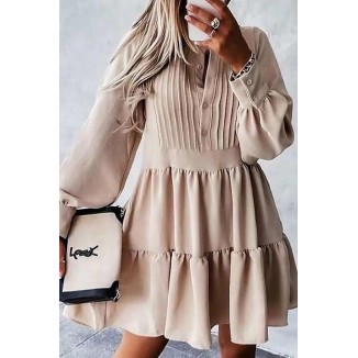 Casual Solid Buckle Flounce O Neck Cake Skirt Dresses(4 Colors)