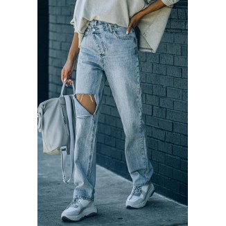 Casual Solid Ripped Straight Denim Jeans