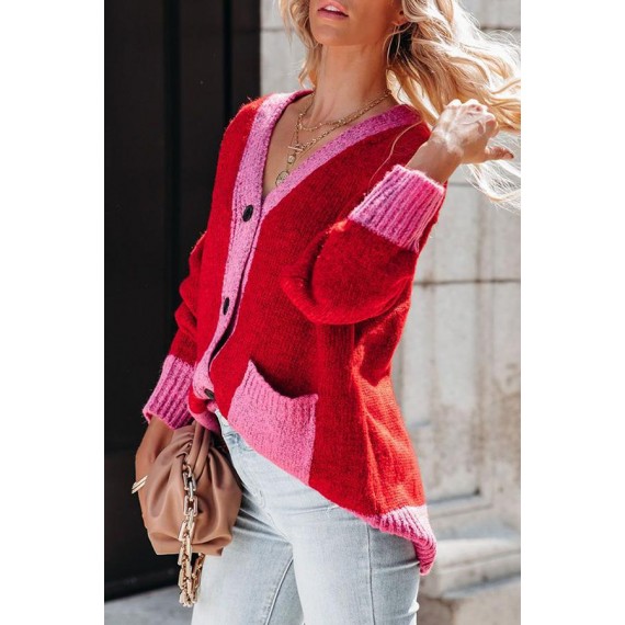 Casual Elegant Patchwork Pocket Buckle Contrast V Neck Outerwear Sweater