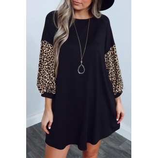 Casual Leopard Split Joint O Neck A Line Dresses