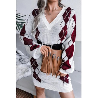 Casual Geometric Split Joint  Contrast V Neck Dresses  Sweater (Without Belt)