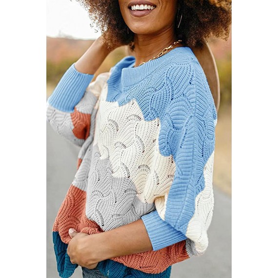 Casual Color Lump  Contrast O Neck Tops Sweater