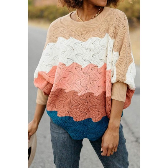 Casual Color Lump  Contrast O Neck Tops Sweater