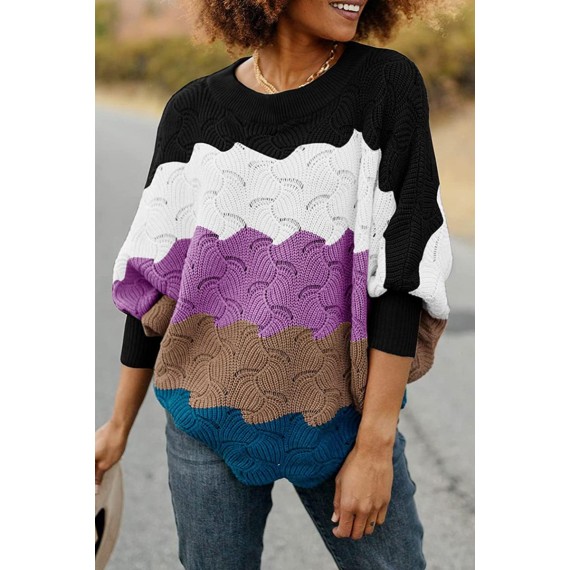 Casual Color Lump  Contrast O Neck Tops Sweater