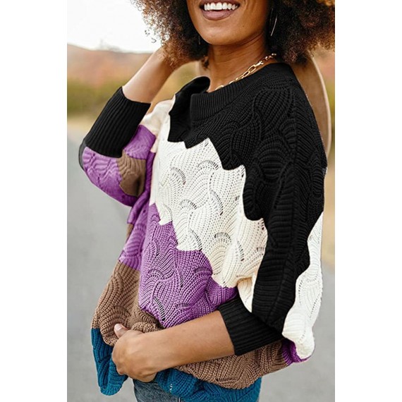 Casual Color Lump  Contrast O Neck Tops Sweater