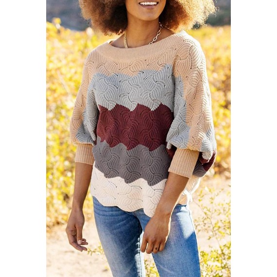 Casual Color Lump  Contrast O Neck Tops Sweater