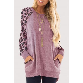 Casual Leopard Split Joint Pocket O Neck Tops