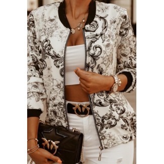 Casual Elegant Print Split Joint Zipper O Neck Outerwear