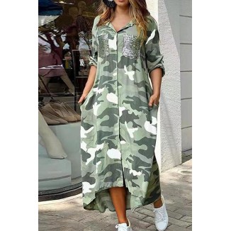 Casual Print Camouflage Print Sequins Buckle Turndown Collar Shirt Dress Dresses