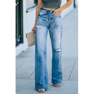 Casual Solid Tassel Ripped Straight Wide Leg Solid Color Bottoms