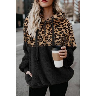 Casual Leopard Patchwork Hooded Collar Tops(4 Colors)