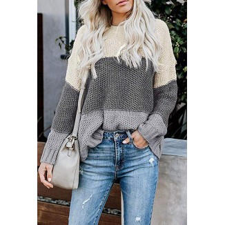 Casual Patchwork Basic  Contrast O Neck Tops Sweater