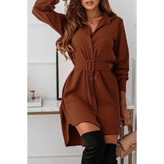 Casual Elegant Solid Buckle With Belt Turndown Collar Shirt Dress Dresses