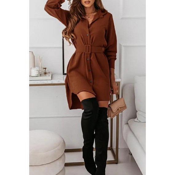 Casual Elegant Solid Buckle With Belt Turndown Collar Shirt Dress Dresses