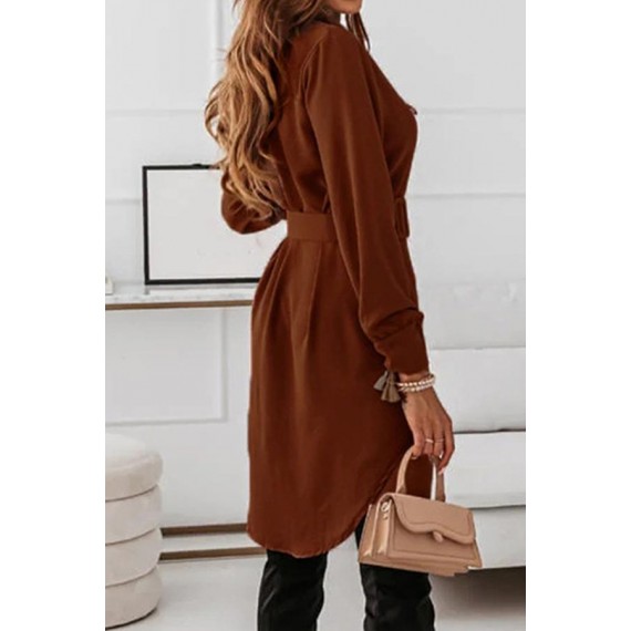 Casual Elegant Solid Buckle With Belt Turndown Collar Shirt Dress Dresses